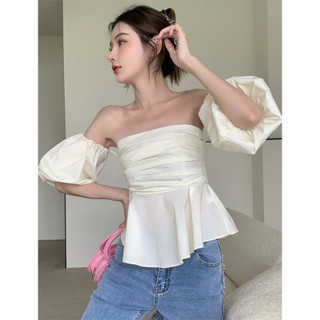 Áo croptop trễ vai bẹt tay phồng kiểu nhún gấp nếp trắng đen giá rẻ cao cấp VANISA CT028