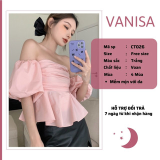 Áo trễ vai tay phồng kiểu nhún bẹt gấp nếp trắng đen xanh VANISA CT028