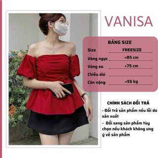 Áo trễ vai tay phồng kiểu nhún bẹt gấp nếp trắng đen xanh VANISA CT028