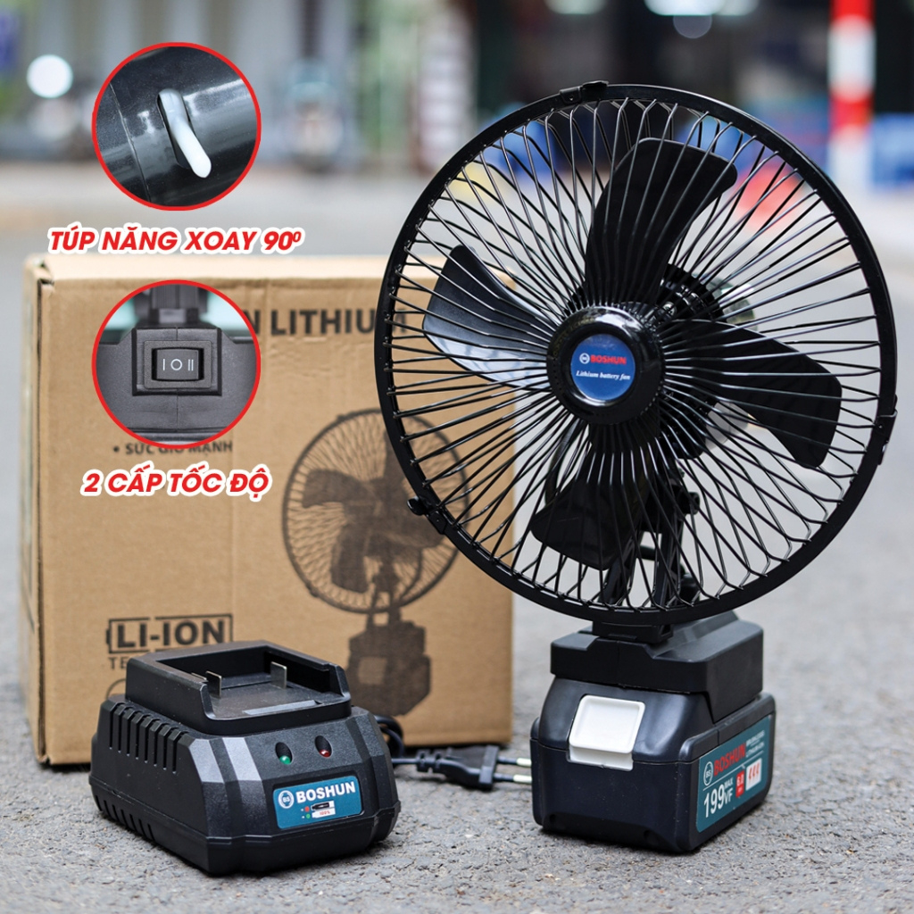 Quạt 8inch Boshun có 2 lấc chỉnh gió, có lấc quay dùng pin chân phổ thông 4cm
