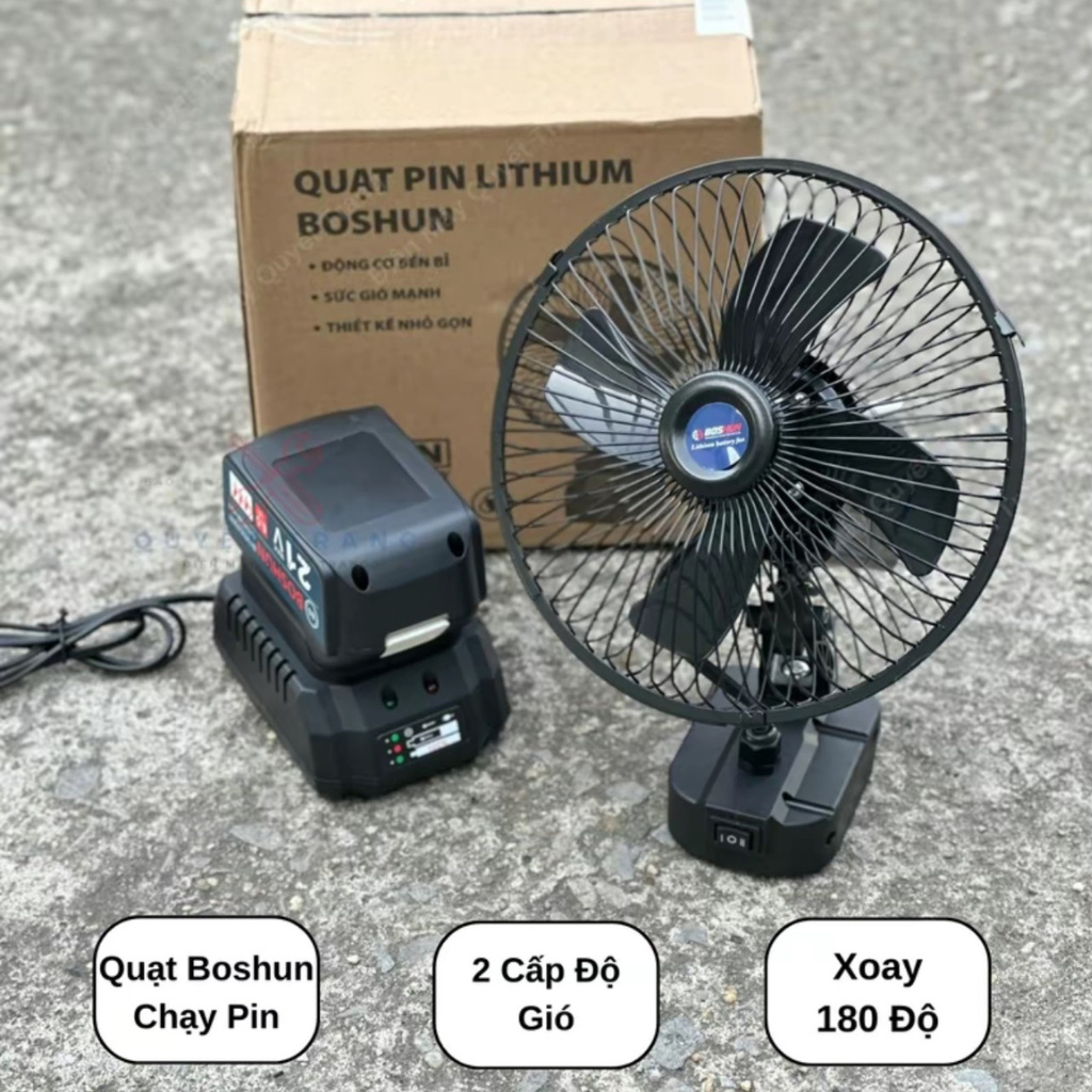 Quạt 8inch Boshun có 2 lấc chỉnh gió, có lấc quay dùng pin chân phổ thông 4cm