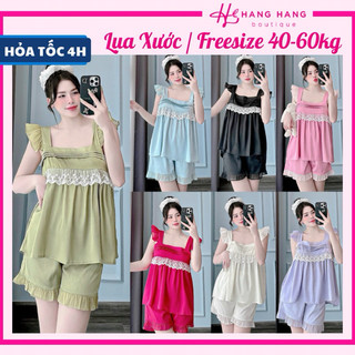 Đồ ngủ nữ 40-60kg, đồ ngủ 2 dây cánh tiên viền ren quần đùi lụa xước mềm mát 60CS21, đồ bộ nữ đồ mặc nhà trơn dễ thương