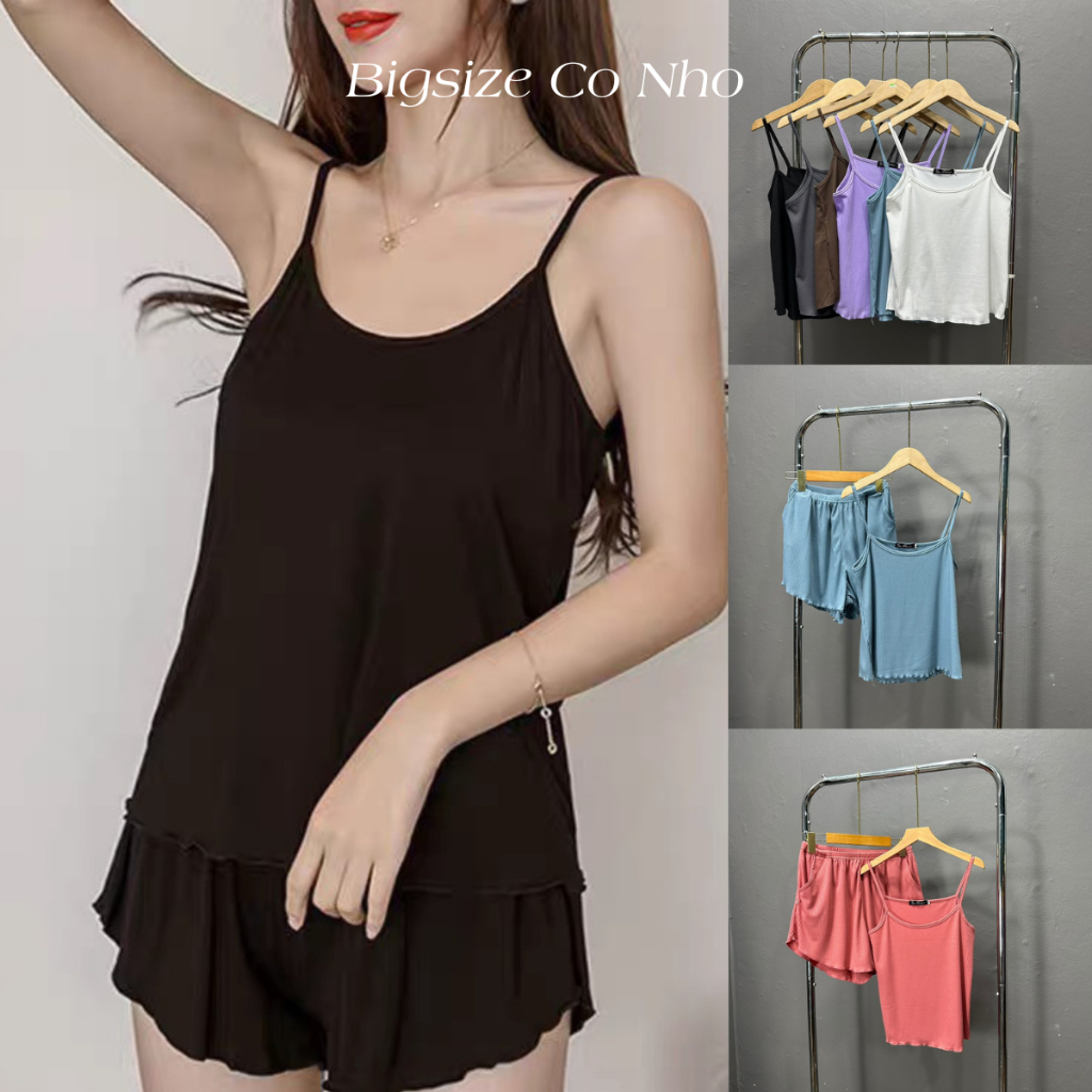 Bộ Đồ Ngủ Bigsize Nữ,Set Áo 2 Dây Và Quần Đùi Vải Gân Tăm Phom Rộng Mặc Thoải Mái SET31