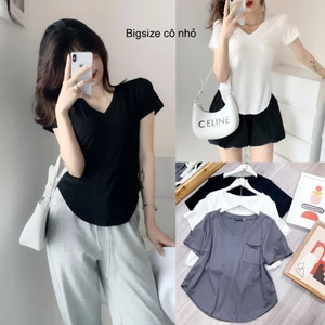 Áo Thun Nữ Bigsize Cổ Tim Tay Ngắn,Áo Phông Có Túi Tôn Dáng Chất Vải Cotton Lạnh 58-95kg A51