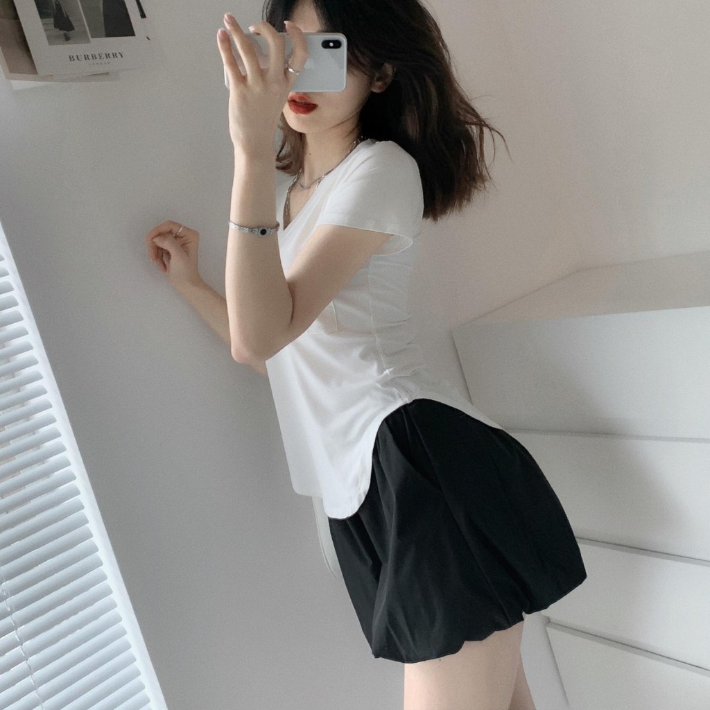 Áo Thun Nữ Bigsize Cổ Tim Tay Ngắn,Áo Phông Có Túi Tôn Dáng Chất Vải Cotton Lạnh 58-95kg A51