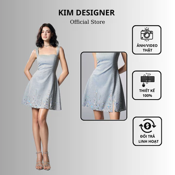 Đầm đi tiệc, váy dự tiệc sang chảnh chất nhũ lấp lánh cao cấp, đính đá thủ công, đầm dài dự tiệc KIM DESIGNER D003