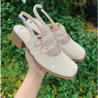 Giày hở gót 2 quai ngang đế vuông cao 4cm đa bóng tiểu thư mã V084
