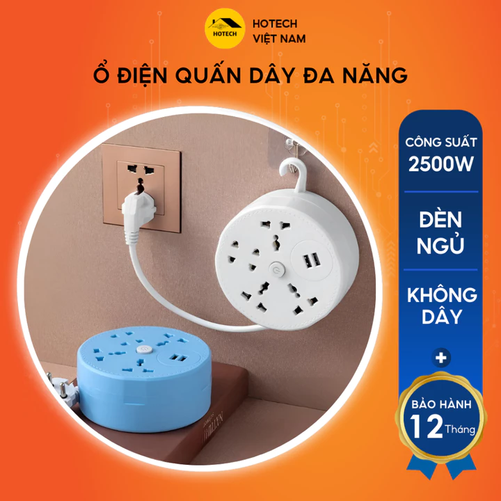 Ổ cắm điện đa năng 2500W Hotech quấn dây gọn gàng vỏ nhựa PC chống cháy có 2 usb đa năng dây dài 1,8-2,8M OD13H