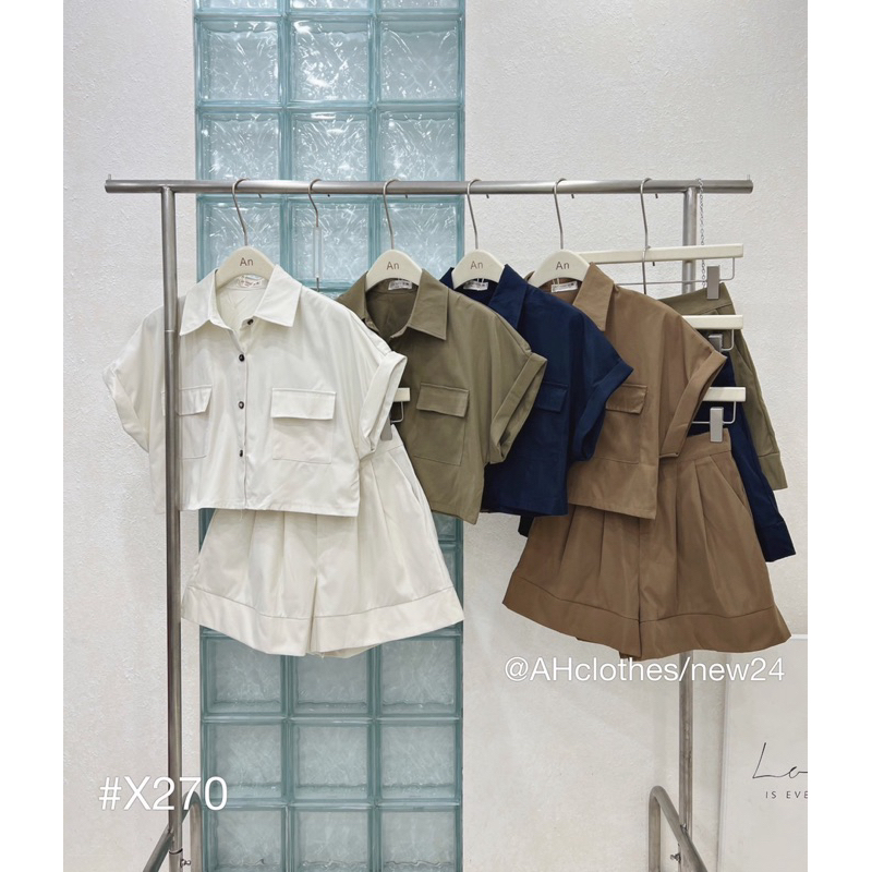 Set Áo croptop túi hộp cổ sơ mi kèm quần đùi chất thô