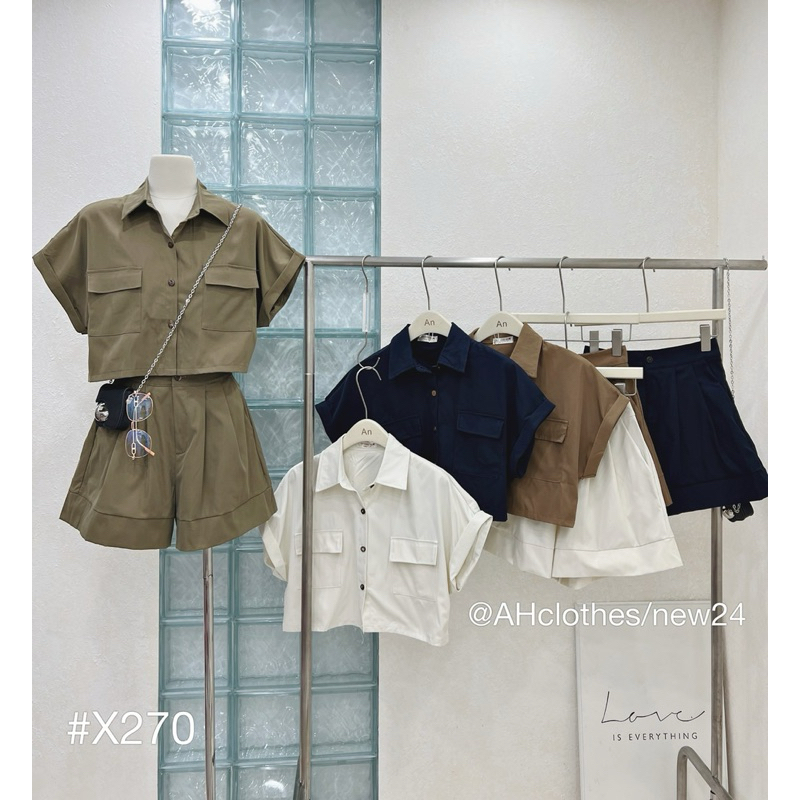 Set Áo croptop túi hộp cổ sơ mi kèm quần đùi chất thô