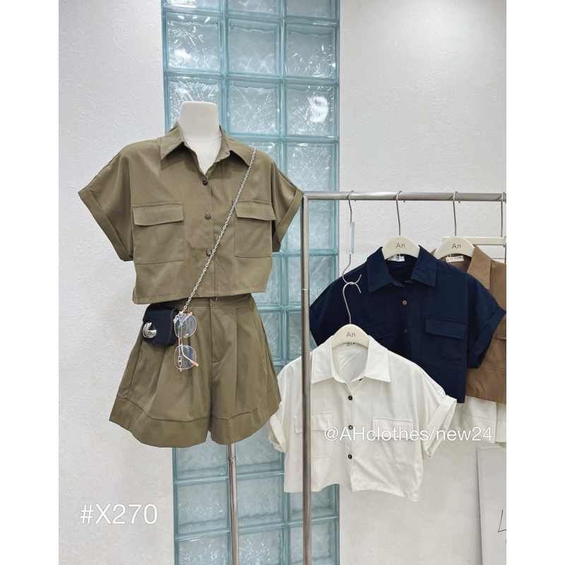 Set Áo croptop túi hộp cổ sơ mi kèm quần đùi chất thô