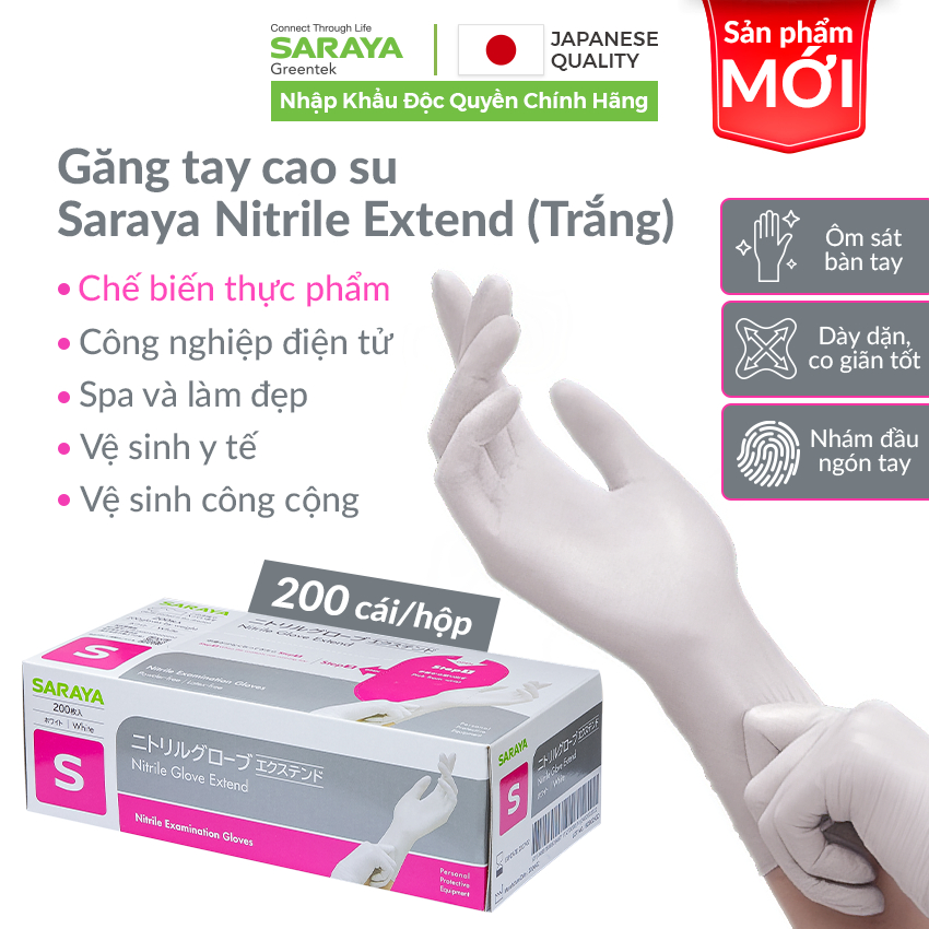 Ảnh Găng tay cao su Saraya Nitrile Glove Extend (Màu Trắng), dùng trong thực phẩm, làm đẹp, y tế, công nghiệp - 200 cái/hộp 2