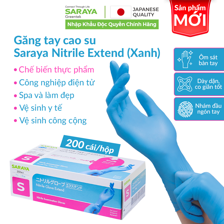 Ảnh Găng tay cao su Saraya Nitrile Glove Extend (Màu Xanh), dùng trong thực phẩm, làm đẹp, công nghiệp - 200 cái/hộp 2