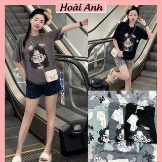 Set Bộ Đồ Nữ Đùi Áo Phông In Cô Gái Tóc Xoăn Ngắn Tay Mix Quần Sooc Đùi Kẻ Caro Freesize