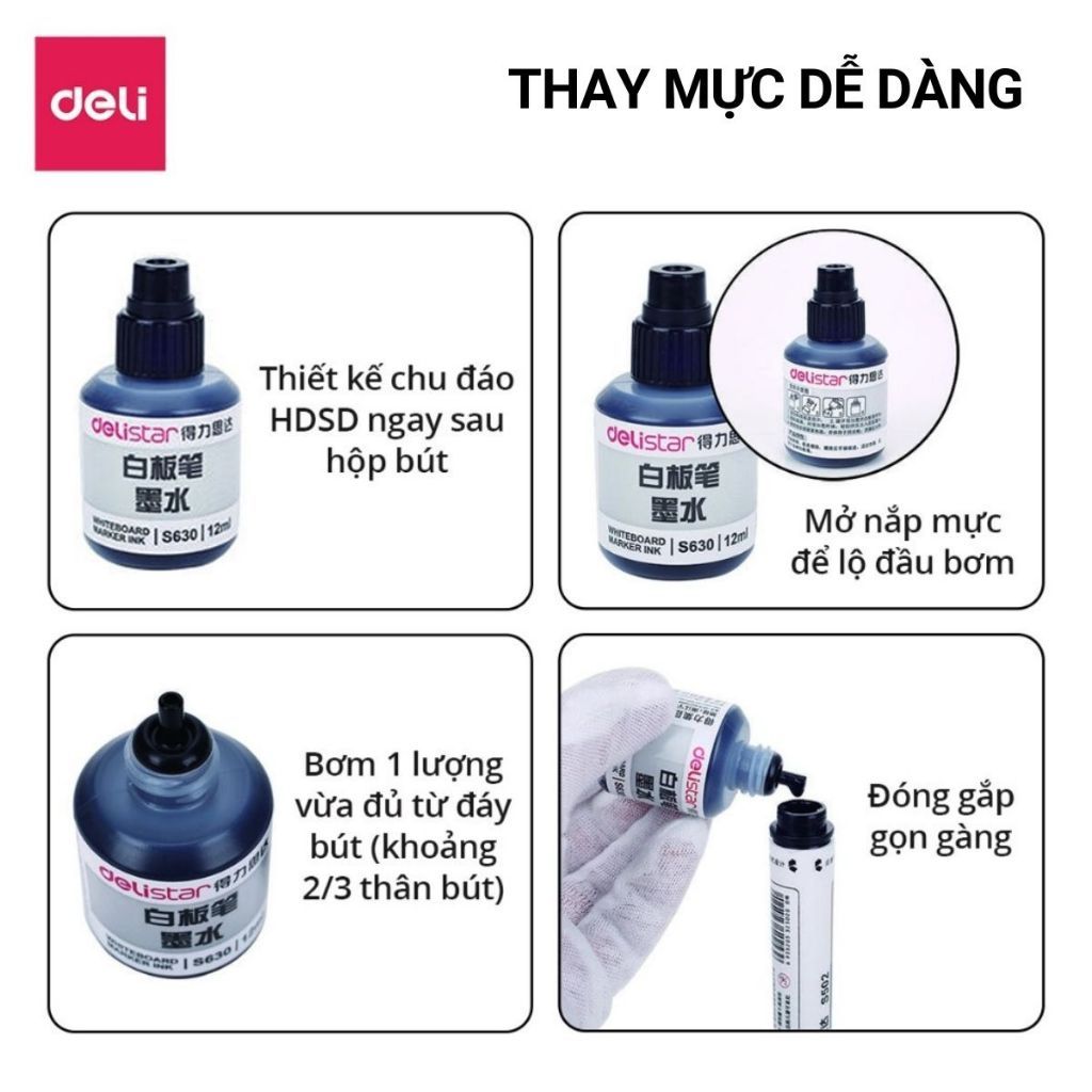 Combo 5/10/20 Bút Lông Bảng Xoá Được DELI Thêm Mực Đầu Bút Viết Êm Trơn Nhiều Mực Đậm 4 Màu