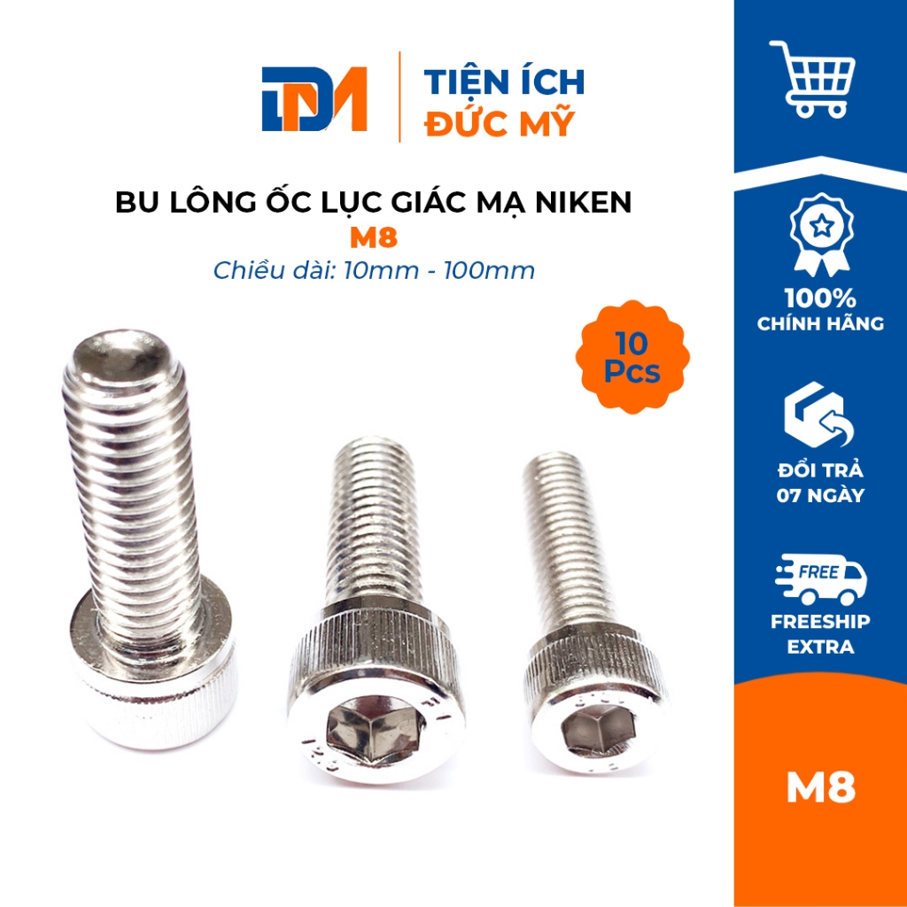 Bu Lông Ốc Lục Giác Size Ren M8 Mạ Niken Dài 10mm đến 100mm (10 con ...