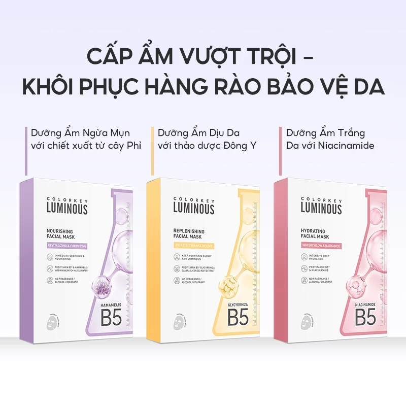 1 Hộp 10 Miếng Mặt Nạ Giấy COLORKEY LUMINOUS Vitamin B5 Hỗ Trợ Phục Hồi 25ml/miếng