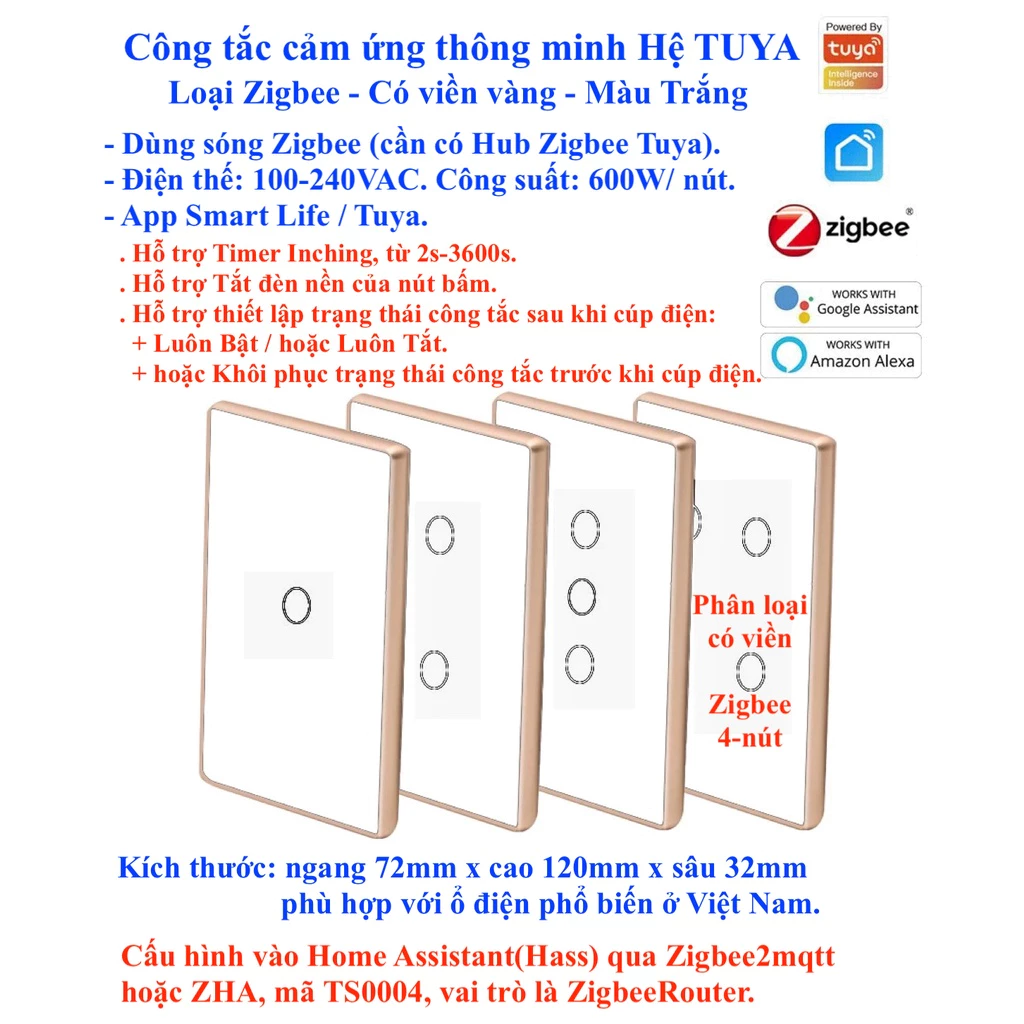 Công Tắc Thông Minh Tuya Wifi Zigbee Viền Vàng 4 Nút Cảm Ứng Chữ Nhật Điều Khiển Từ Xa Ra Lệnh Giọng Nói