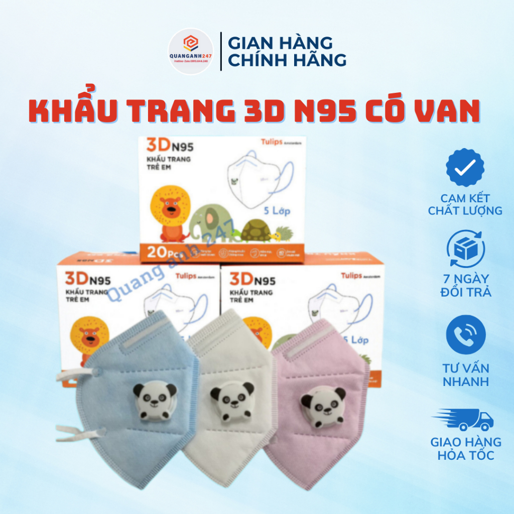 Hộp 20 cái khẩu trang 3D N95 Kids có van Tulips cho bé 1-6 tuổi