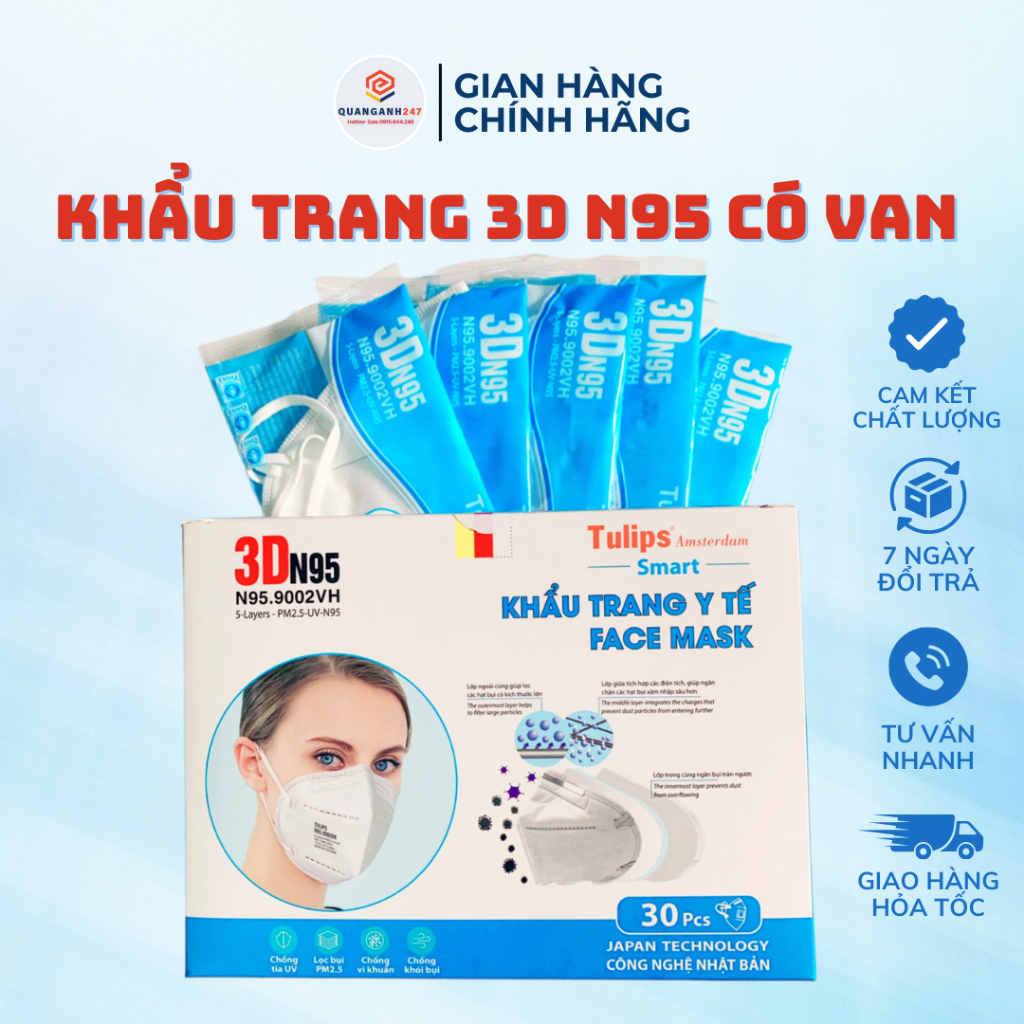 Combo 10 cái khẩu trang 3DN95 không van Tulips người lớn chống bụi mịn, chống tia UV,  kháng khuẩn