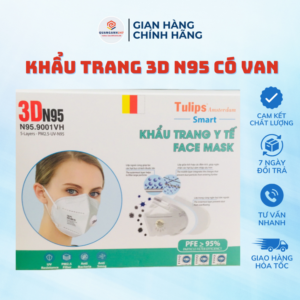 Combo 5 Khẩu Trang Y Tế Face Mask 3D N95 Tulips có Van thở Ôm Khít Vùng Mũi Kháng Khuẩn Cao