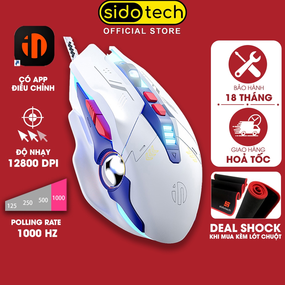 Chuột gaming có dây SIDOTECH INPHIC W9P GUNDAM 7 nút bấm 1000Hz 12800 DPI led RGB có app máy tính laptop