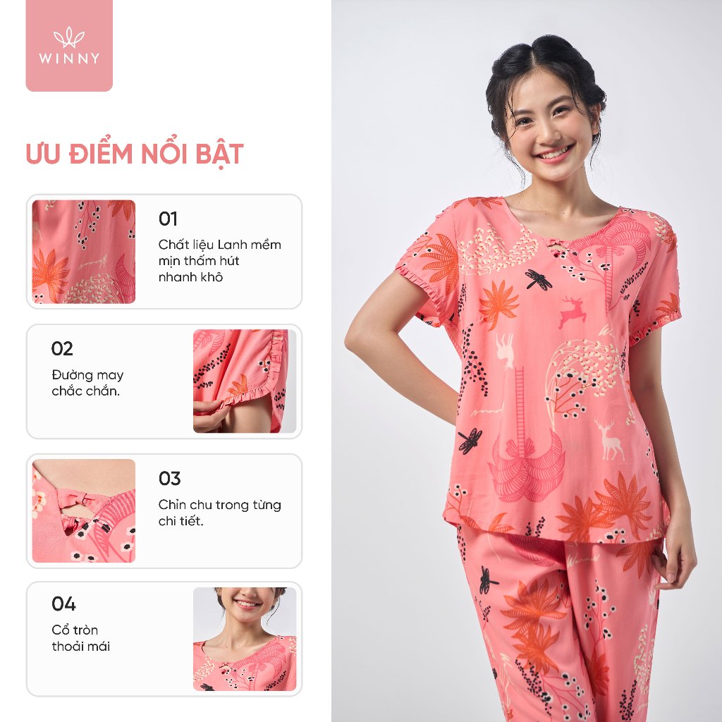 Ảnh Bộ mặc nhà nữ WINNY kiểu cộc tay quần ngố chất lanh mềm mát thấm hút nhanh khô 2MNLA23009N 2