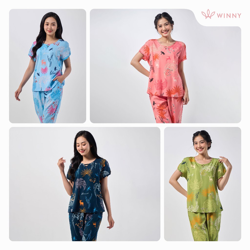 Ảnh Bộ mặc nhà nữ WINNY kiểu cộc tay quần ngố chất lanh mềm mát thấm hút nhanh khô 2MNLA23009N 3
