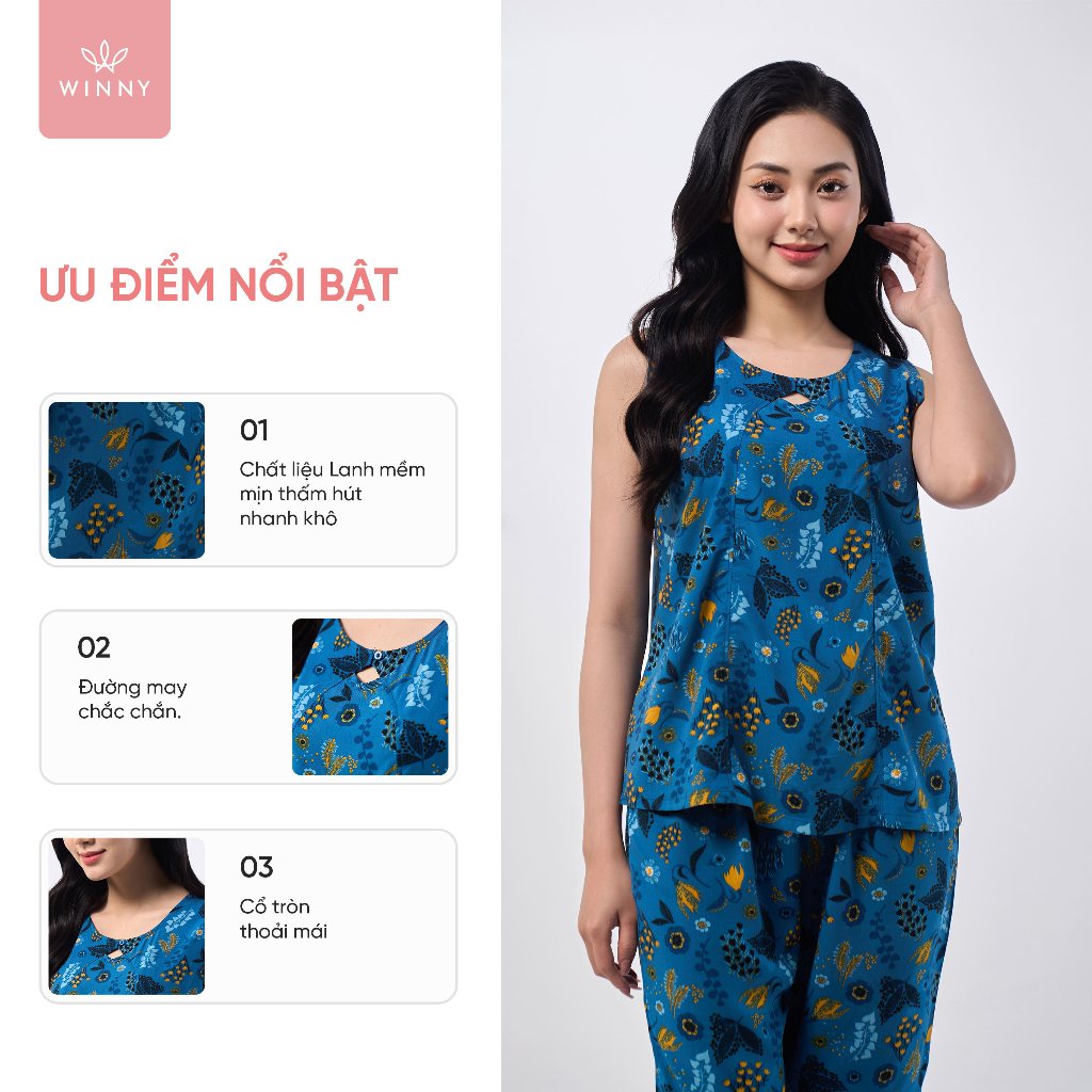 Ảnh Bộ mặc nhà nữ WINNY kiểu sát nách quần ngố chất lanh mềm 2MNLA23014S 2