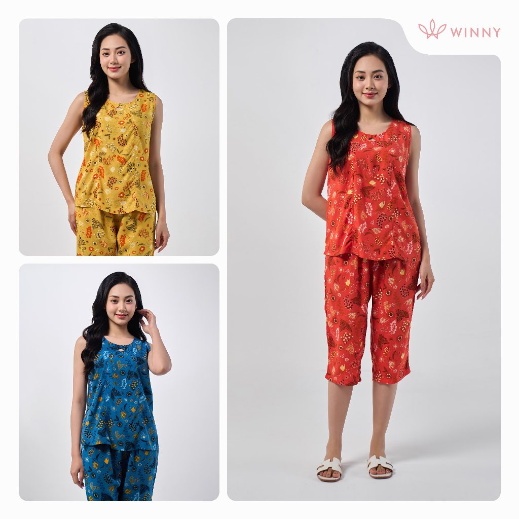 Ảnh Bộ mặc nhà nữ WINNY kiểu sát nách quần ngố chất lanh mềm 2MNLA23014S 1