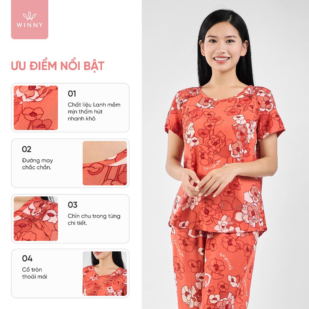 Ảnh Bộ mặc nhà nữ WINNY kiểu cộc tay quần ngố chất lanh mềm mát 2MNLA23016N 1