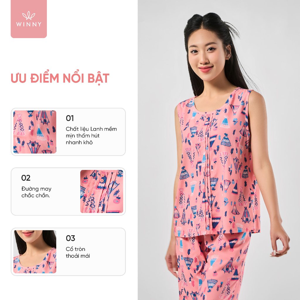 Ảnh Bộ mặc nhà nữ WINNY kiểu sát nách quần ngố chất lanh mát 2MNLA23022S 1