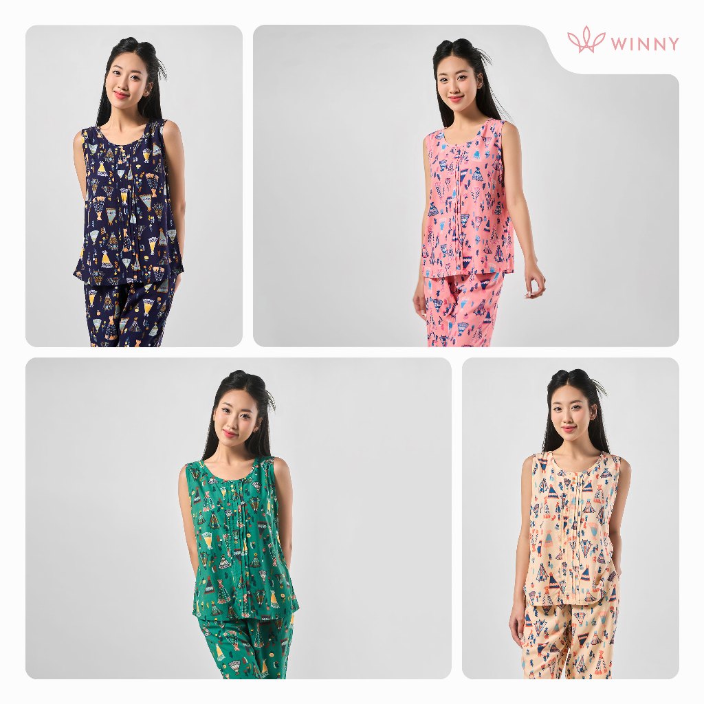 Ảnh Bộ mặc nhà nữ WINNY kiểu sát nách quần ngố chất lanh mát 2MNLA23022S 2