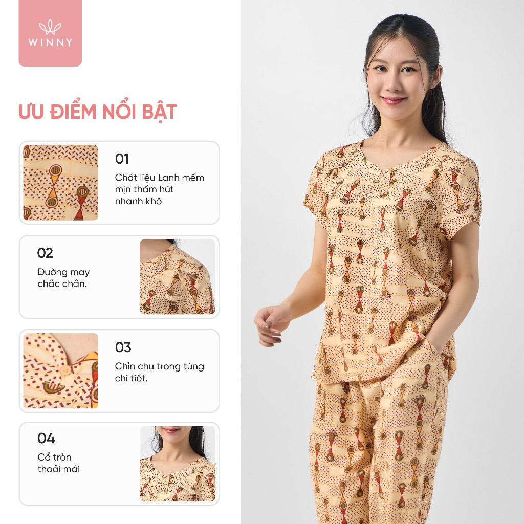 Ảnh Bộ mặc nhà nữ WINNY kiểu cộc tay quần ngố chất lanh mềm mát mùa hè 2MNLA23023N 2