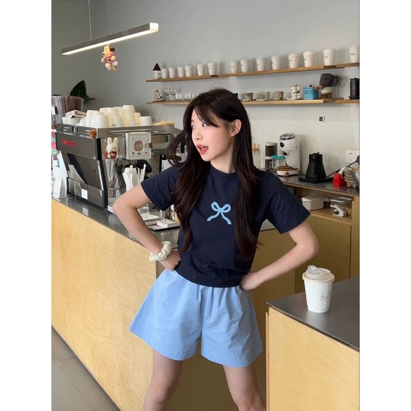 M.H STYLE Áo nơ cộc tay babytee dáng ôm siêu hot+ kèm quần+chân váy