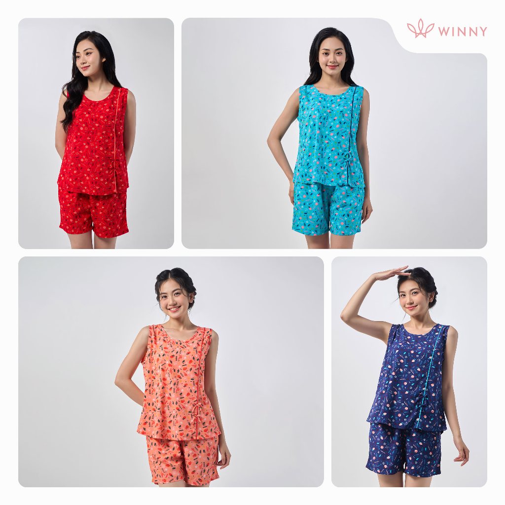 Ảnh Bộ mặc nhà nữ WINNY kiểu sát nách quần đùi chất lanh mềm mịn thấm hút nhanh khô 2MNLA23024B 2