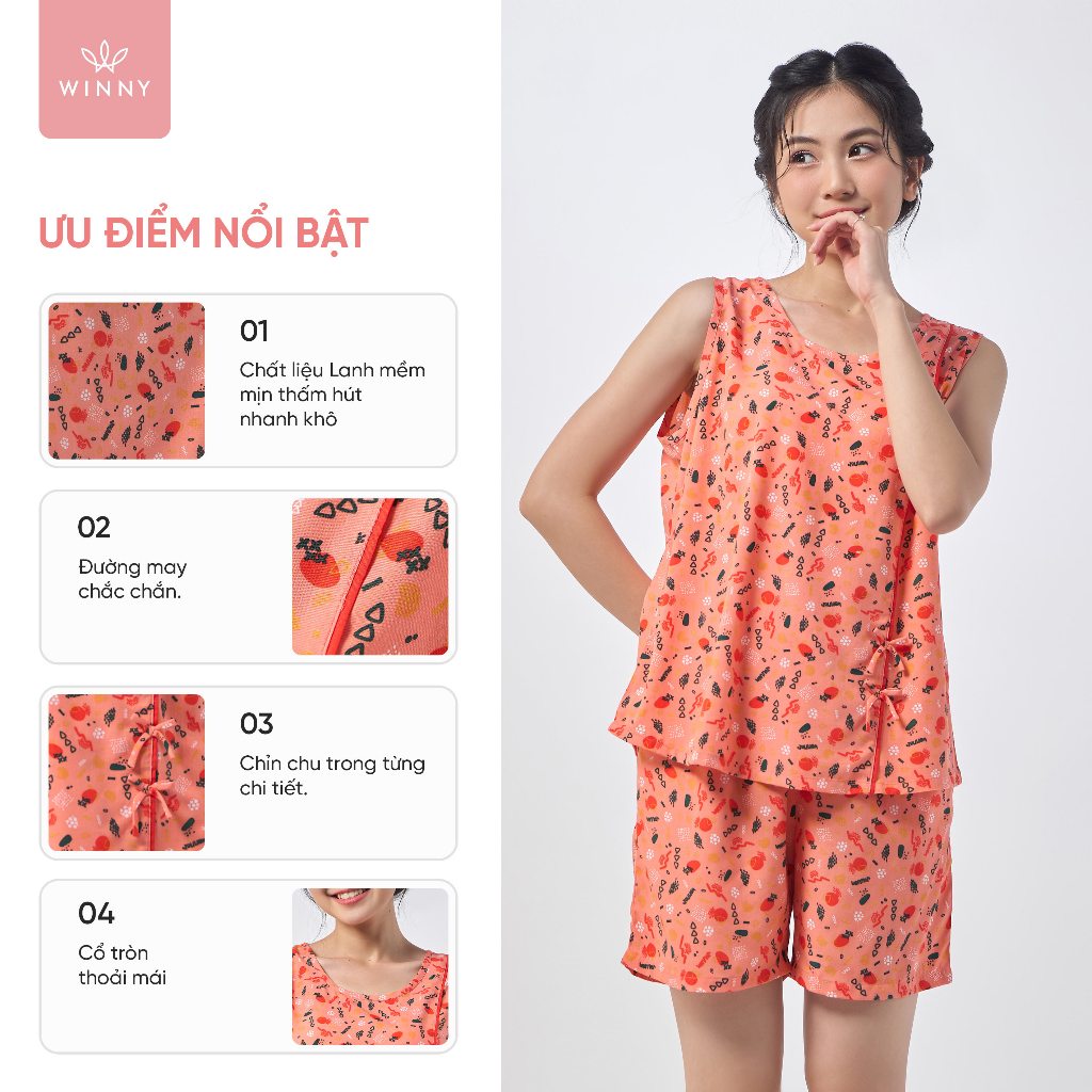 Ảnh Bộ mặc nhà nữ WINNY kiểu sát nách quần đùi chất lanh mềm mịn thấm hút nhanh khô 2MNLA23024B 1