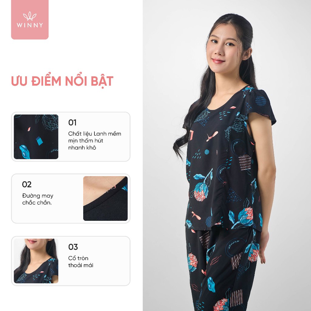 Ảnh Bộ mặc nhà nữ WINNY kiểu cộc tay quần ngố chất lanh mềm mịn thấm hút nhanh khô 2MNLA23030N 1
