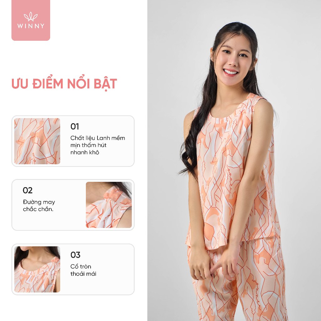 Ảnh Bộ mặc nhà nữ WINNY kiểu sát nách quần ngố chất Lanh mềm mịn thấm hút nhanh khô 2MNLA23031S 2