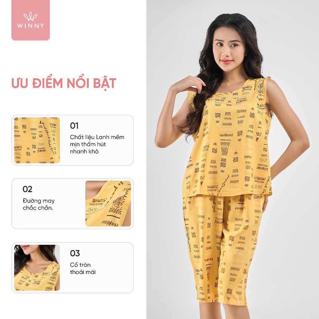 Ảnh Bộ mặc nhà nữ WINNY kiểu sát nách quần ngố chất lanh mềm mát 2MNLA23032S 3