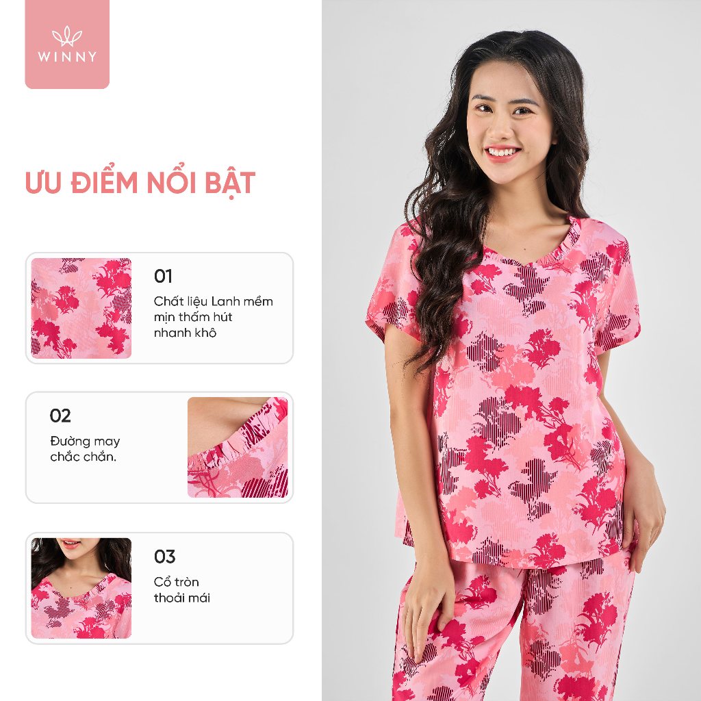 Ảnh Bộ mặc nhà nữ WINNY kiểu cộc tay quần ngố chất lanh mềm mát thấm hút 2MNLA23039N 2
