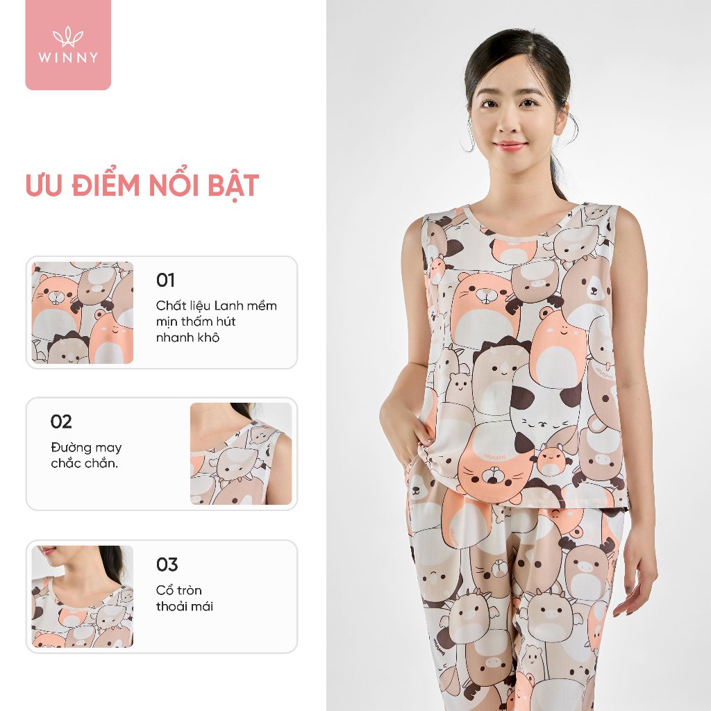 Ảnh Bộ mặc nhà nữ WINNY kiểu sát tay quần ngố chất lanh mềm mát 2MNLA23049S 2