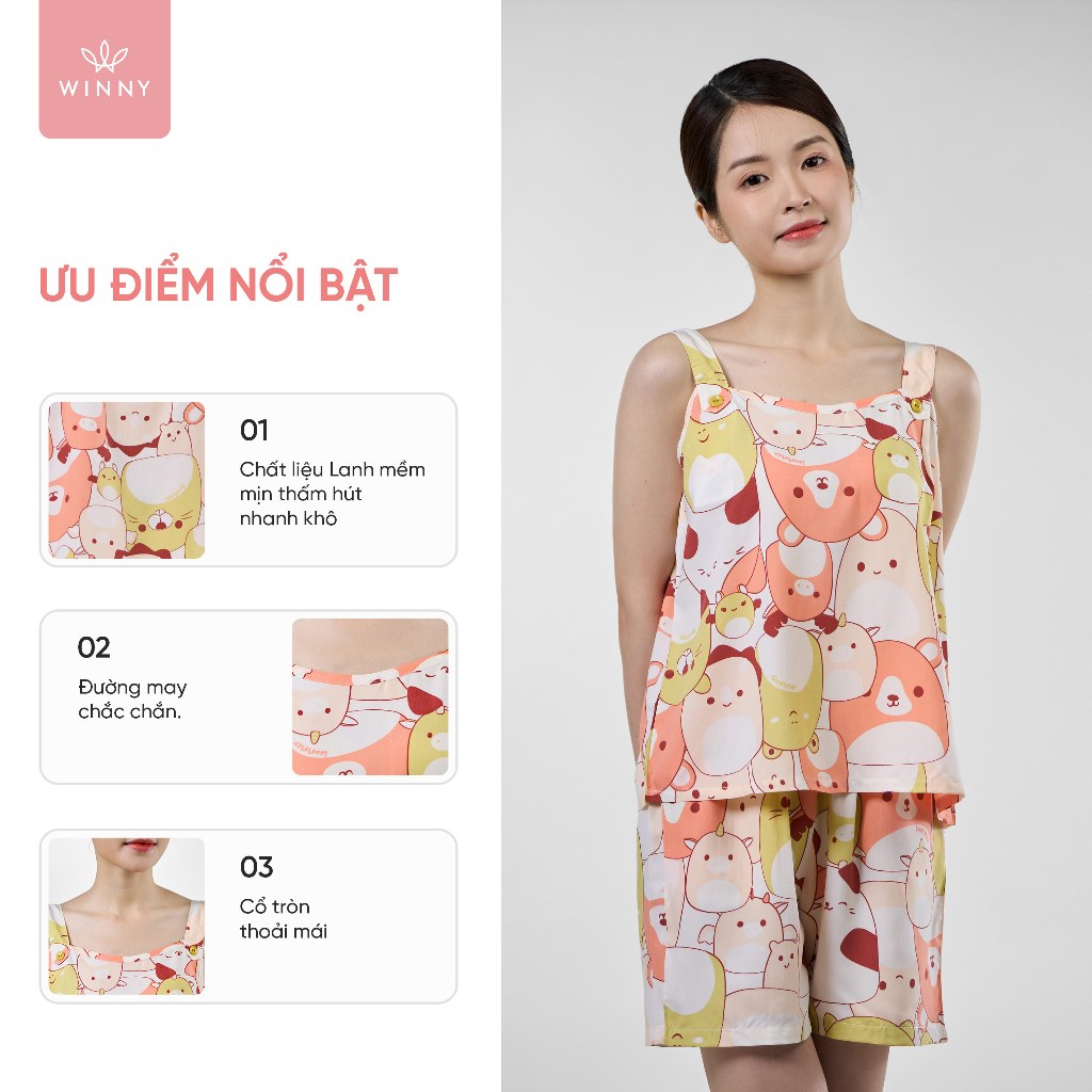 Ảnh Bộ mặc nhà nữ WINNY kiểu hai dây quần đùi chất lanh mát 2MNLA23050H 2