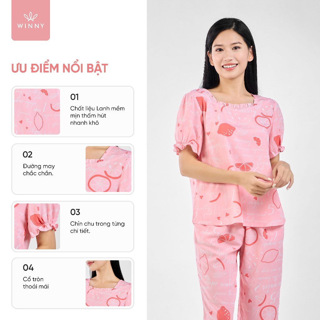 Ảnh Bộ mặc nhà nữ WINNY kiểu cộc tay quần ngố chất lanh mềm 2MNLA23052N 2