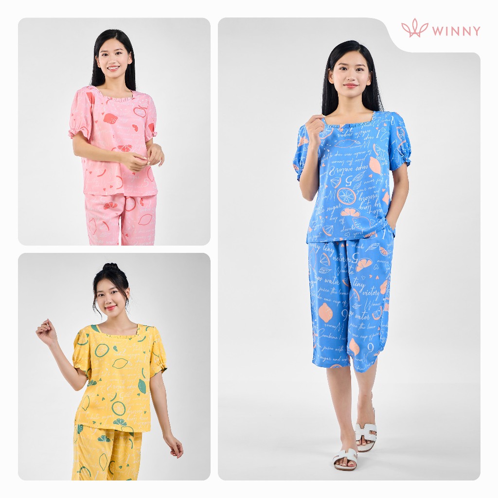 Ảnh Bộ mặc nhà nữ WINNY kiểu cộc tay quần ngố chất lanh mềm 2MNLA23052N 3