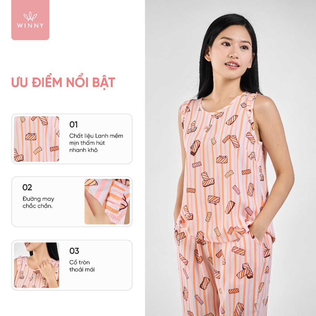 Ảnh Bộ mặc nhà nữ WINNY kiểu sát nách quần ngố chất lanh mịn thấm hút nhanh khô 2MNLA23057S 2