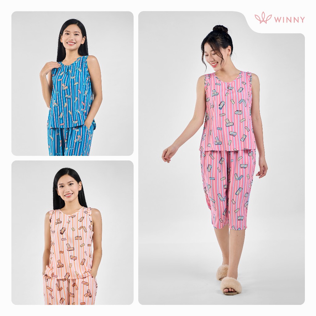 Ảnh Bộ mặc nhà nữ WINNY kiểu sát nách quần ngố chất lanh mịn thấm hút nhanh khô 2MNLA23057S 3