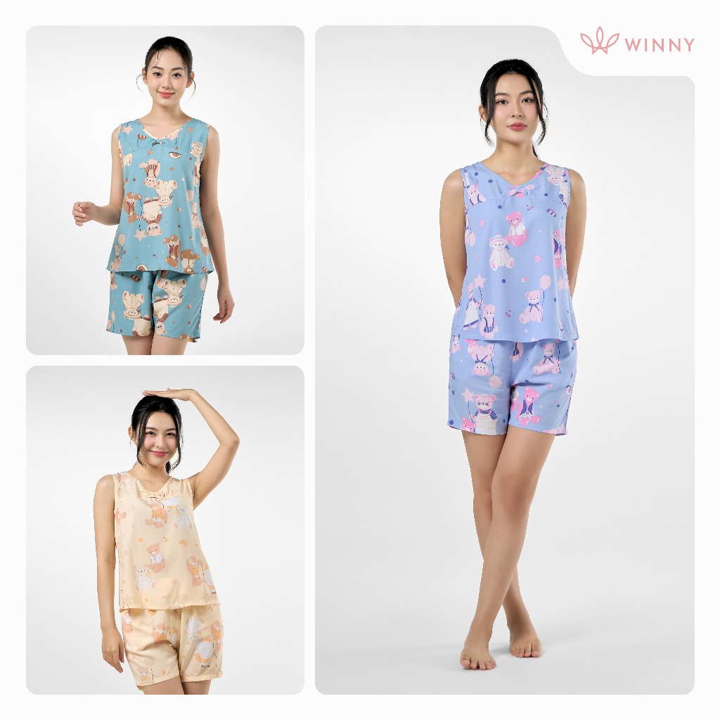 Ảnh Bộ mặc nhà nữ WINNY kiểu sát nách quần đùi chất lanh mềm mát 2MNLA23059B 2