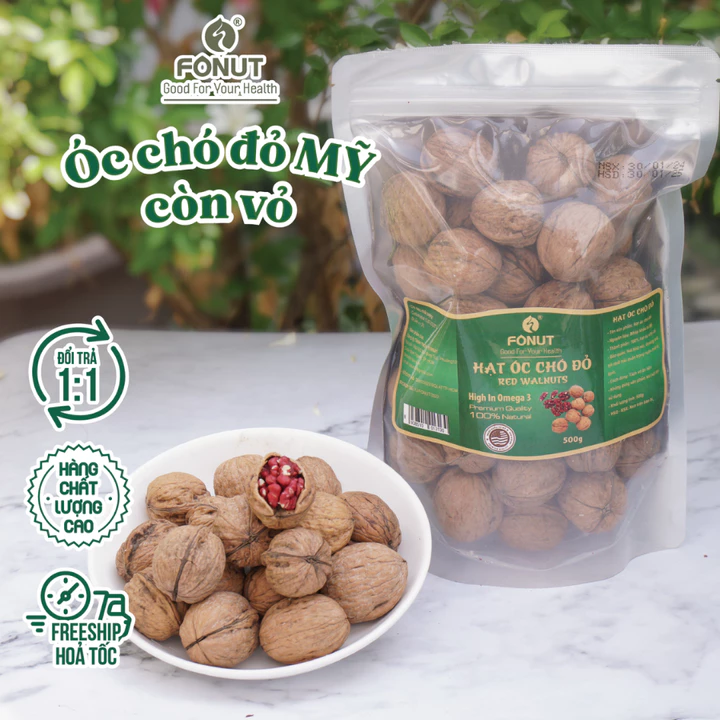 Hạt óc chó đỏ Fonut 500G hạt óc chó còn vỏ nhập khẩu Mỹ loại 1 hạt dinh dưỡng nấu sữa hạt, ăn vặt, ăn kiêng healthy
