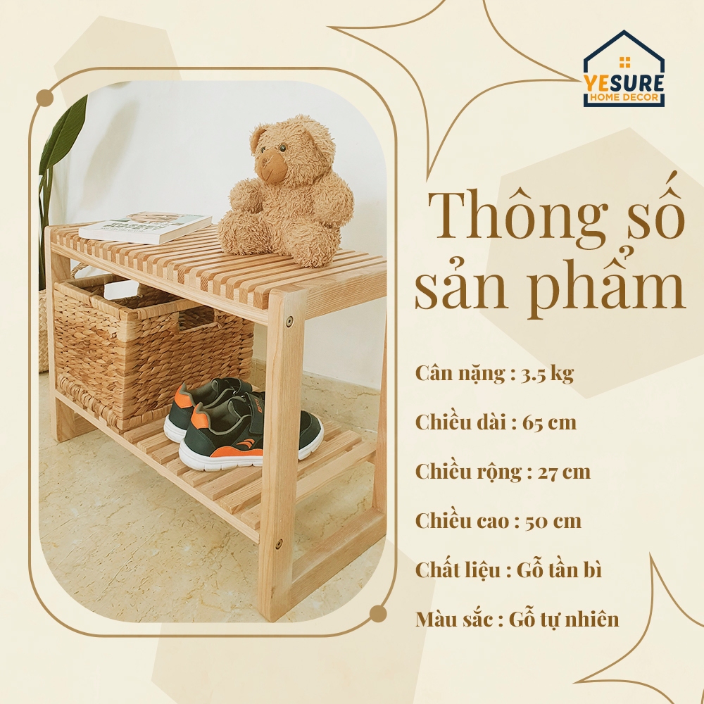 Ảnh Kệ Gỗ Để Giầy Gỗ Tần Bì Tab Đầu Giường Kích Thước 65x50x27 Thiết Kế Thẩm Mỹ Lắp Đặt Dễ Dàng YESURE - Hàng chính hãng 2